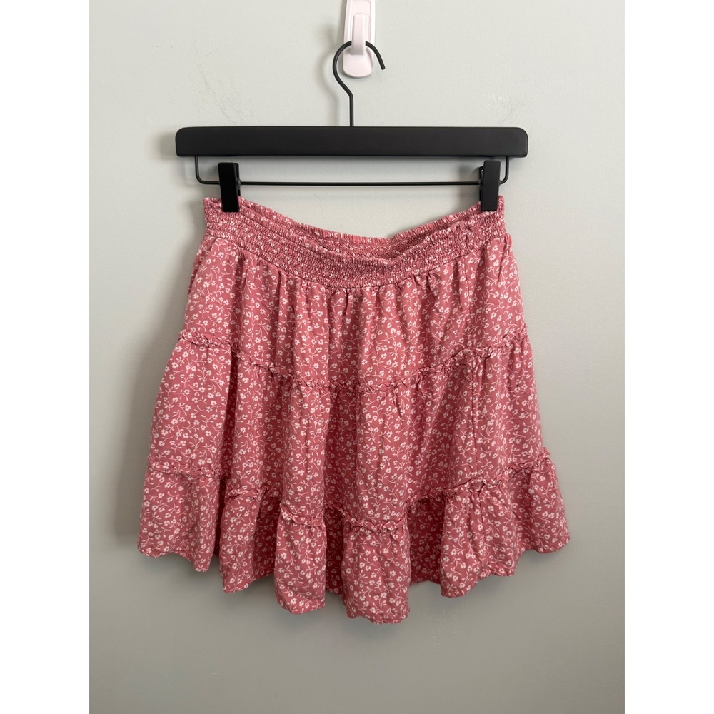 Hollister Pink Floral Tiered Mini Skirt Smocked Ultra High Rise Ruffle Size M